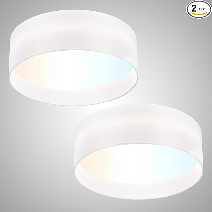 Hamilyeah Flush Mount Ceiling Light Set of 2, Drum Ceiling Light Fixtures with White Fabric Shade, 24W LED Light Fixtures Ceiling Mount 5CCT, Dimmable Close to Ceiling Light Fixtures for Bedroom