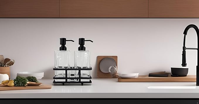 Square Glass Clear Lotion and Soap Pump Dispenser Set with Metal Stand Caddy for Bathroom Bath Kitchen Home Office Travel Hotel Hand Crafted Heavy Weight Matte Black