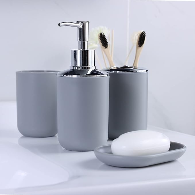 IMAVO Bathroom Accessories Set,Grey Bathroom Set,7 Pieces Bathroom Accessory Set,Tray,Toilet Brush,Trash Can for Bathroom Décor and Housewarming Gifts