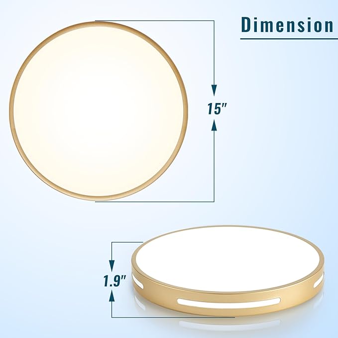 Gold Ceiling Light Flush Mount LED, 36W 15 inch Kitchen Light Fixture Ceiling Mount Dimmable,Modern Close to Ceiling Light Fixture 5CCT for Bedroom, Bathroom,Living Room