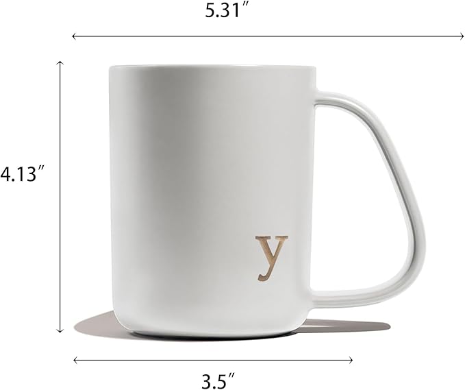 COLLECTIVE HOME - Ergonomic Handle Ceramic Mug, 15 oz Personalized Coffee Cup with Golden Initial, Microwave & Dishwasher Safe, Elegant Monogram Tea Mug in Gift Box for Home & Office (White-y)