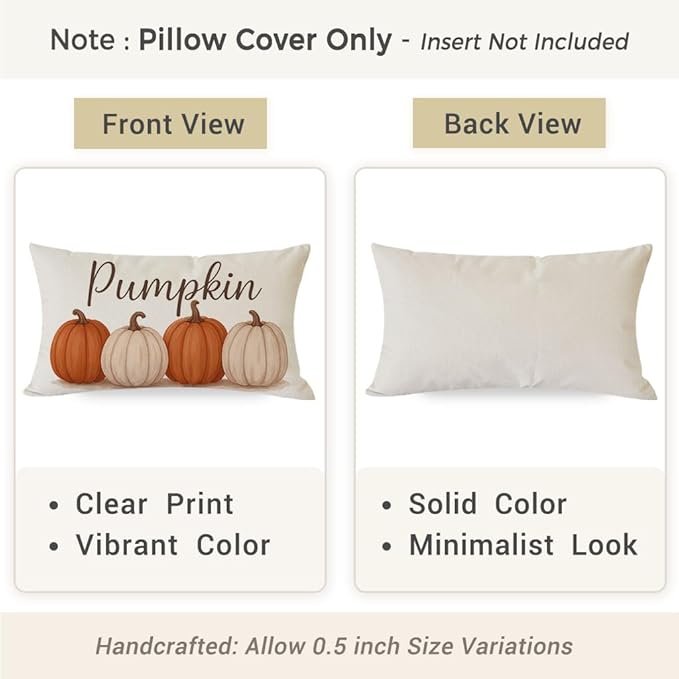 PANDICORN Fall Pillow Covers 12x20, Harvest Orange Pumpkin Lumbar Decorative Cushion Case, Fall Decorations for Home Decor Outdoor Farmhouse Thanksgiving Autumn Pillowcase for Living Room Sofa Couch