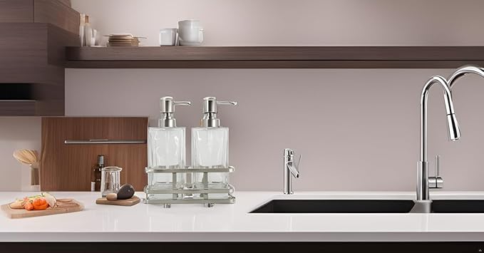 Square Glass Clear Lotion and Soap Pump Dispenser Set with Metal Stand Caddy for Bathroom Bath Kitchen Home Office Travel Hotel Hand Crafted Heavy Weight Nickel