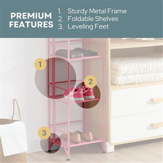 Convenience Concepts Xtra Storage Shelves - 5-Tier Folding Metal Storage Shelves, Closet Organizer for Office, Laundry Room, Bedroom, Garage, Kitchen, Bathroom, Pink