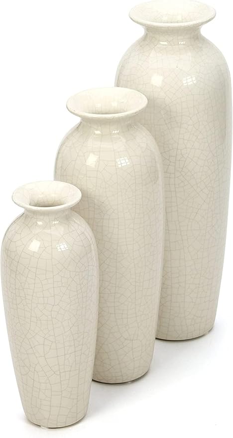 Hosley Set of 3 Crackle Ivory Ceramic Vases. Ideal Gift for Floral Arrangements Wedding or Special Occasions for Use in Home Office Decor Spa Aromatherapy Settings