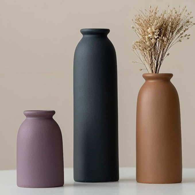 10.4 inches Tall Decorative Ceramic Vase Set, 3 Pieces, Nordic Modern Boho Style, White, for Home Decor (Black Mix)