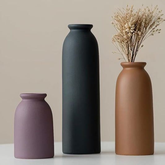 10.4 inches Tall Decorative Ceramic Vase Set, 3 Pieces, Nordic Modern Boho Style, White, for Home Decor (Black Mix)