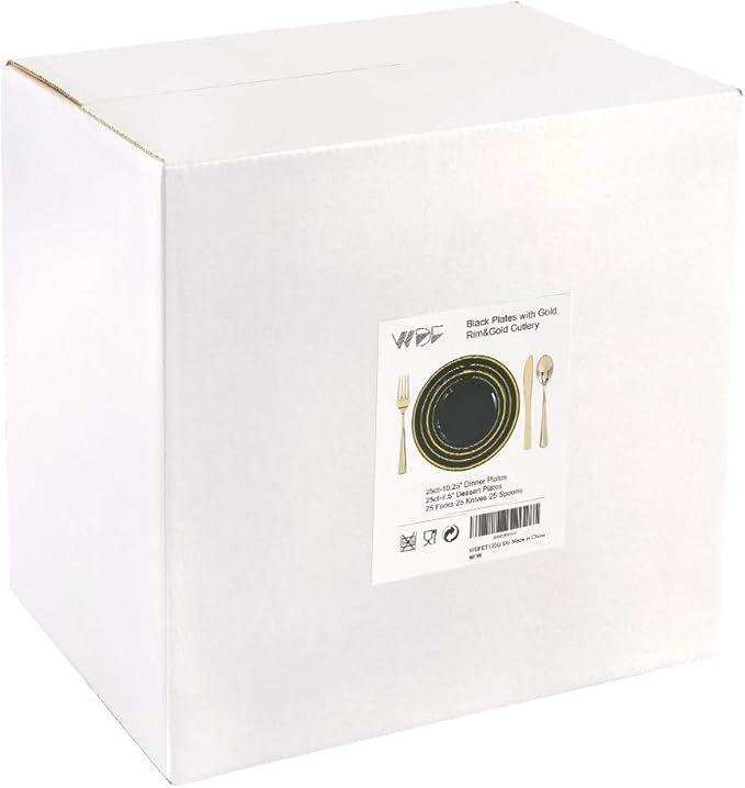 WDF 125Pieces Black Plates Disposable with Gold Rim & Disposable Gold Plastic Silverware for Halloween - 50 Graduation Plates - 25 Forks, 25 Knives, 25 Spoons