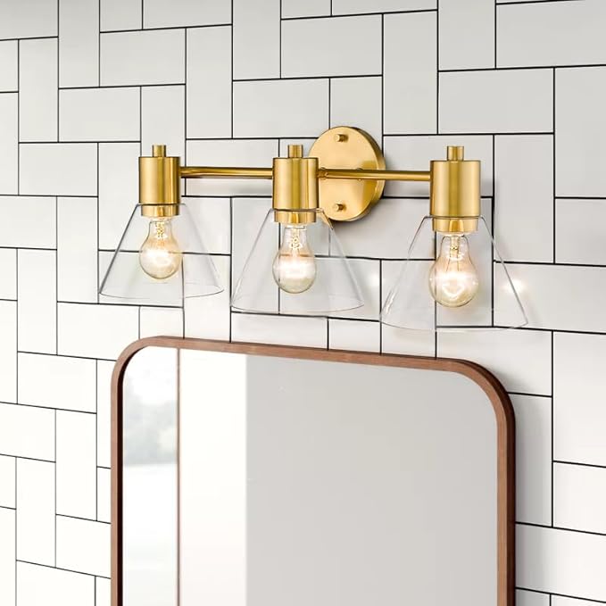 LMS Gold Bathroom Vanity Light Fixtures, 3 Light Bathroom Light Fixtures with Clear Glass Shade, LMS-108