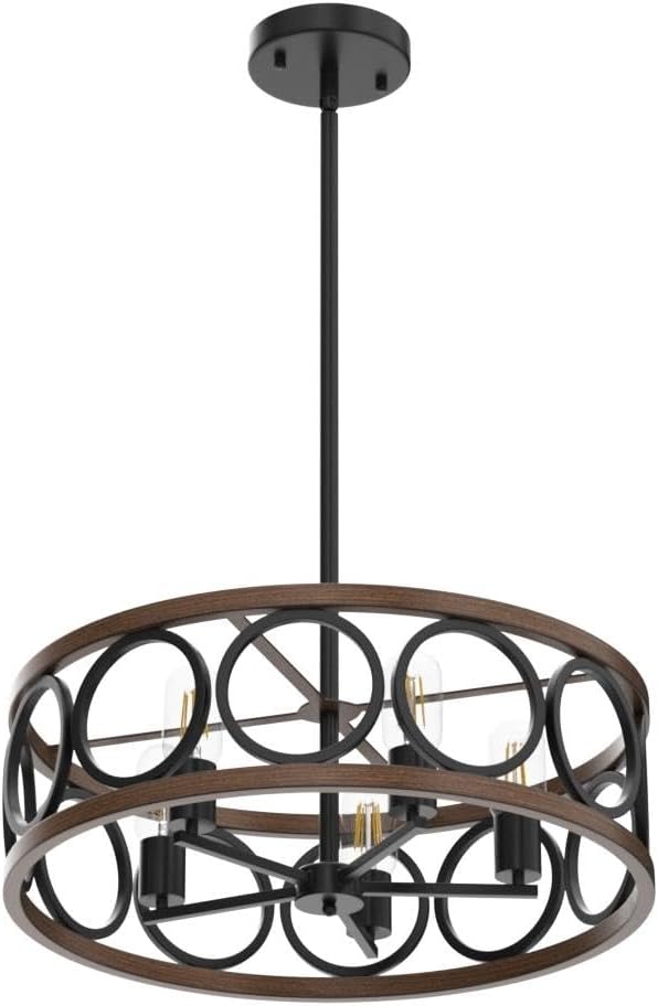 XINGQI Dining Room Chandelier 5-Light Black Modern Chandelier 21.7'' Farmhouse Drum Pendant Light Fixture for Living Room Kitchen Island Bedroom Office with Wood Grain Finish