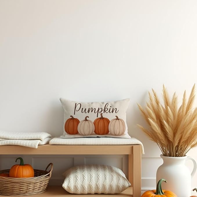 PANDICORN Fall Pillow Covers 12x20, Harvest Orange Pumpkin Lumbar Decorative Cushion Case, Fall Decorations for Home Decor Outdoor Farmhouse Thanksgiving Autumn Pillowcase for Living Room Sofa Couch