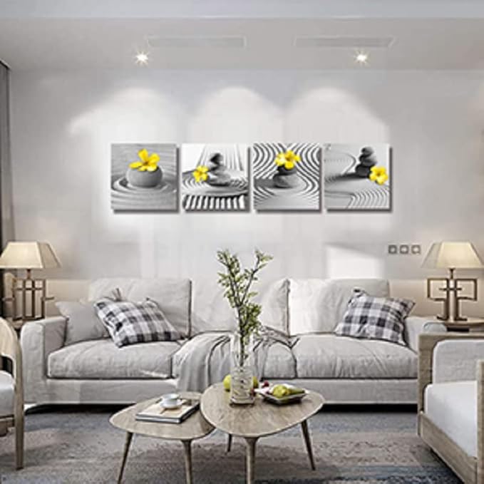 Yxbhhym Yellow Gray Wall Art Black White Zen Wall Art Floral Wall Pictures Flower Zen Painting Stone Sand Pebble Canvas Poster Artwork for Wall Decor Living Room Bedroom Bathroom Decor Framed