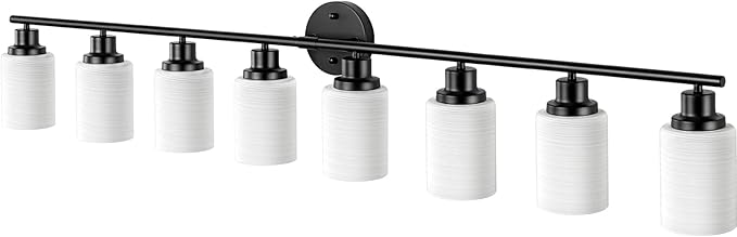 8-Light Vanity Lights, Black Bathroom Light Fixture with Striped Textured Milky White Glass Shade, Modern Vanity Lighting Fixture for Bathroom Wall Light Over Mirror, E26 Wall Sconce