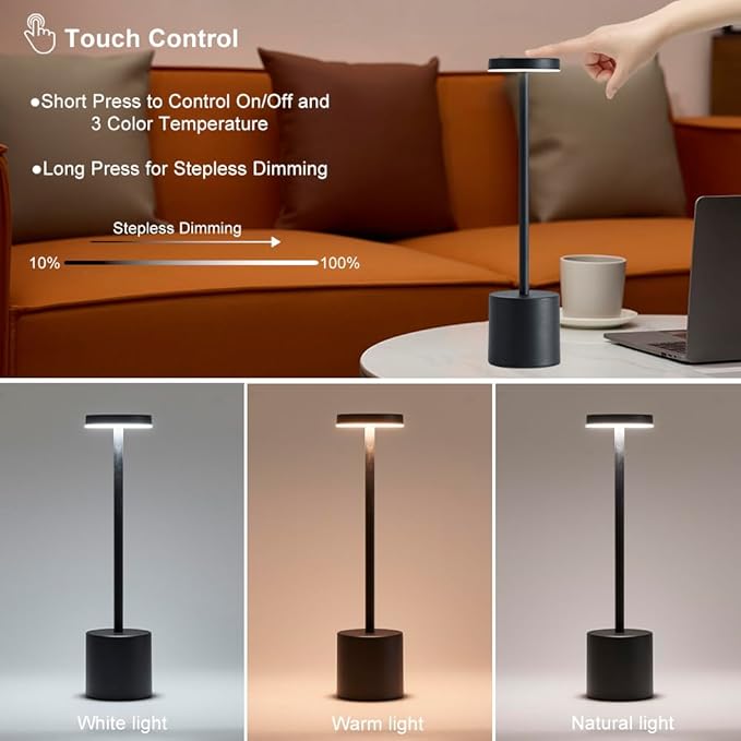 2 Pack LED Cordless Table Lamps, Portable 5000mAh Rechargeable Table Lamp, Touch Control Outdoor Table Lamp, 3 Color Dimmable Cordless Table Lamps for Restaurant, Patio, Bedroom, Outdoor - Black