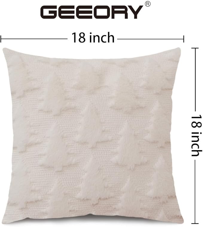 GEEORY Christmas Tree Throw Pillow Covers 18x18 Inch Set of 2, Xmas Winter Soft Plush Faux Fur Wool Decorative Farmhouse Holiday Cushion Case for Home Decoration (Off-White GC004-18