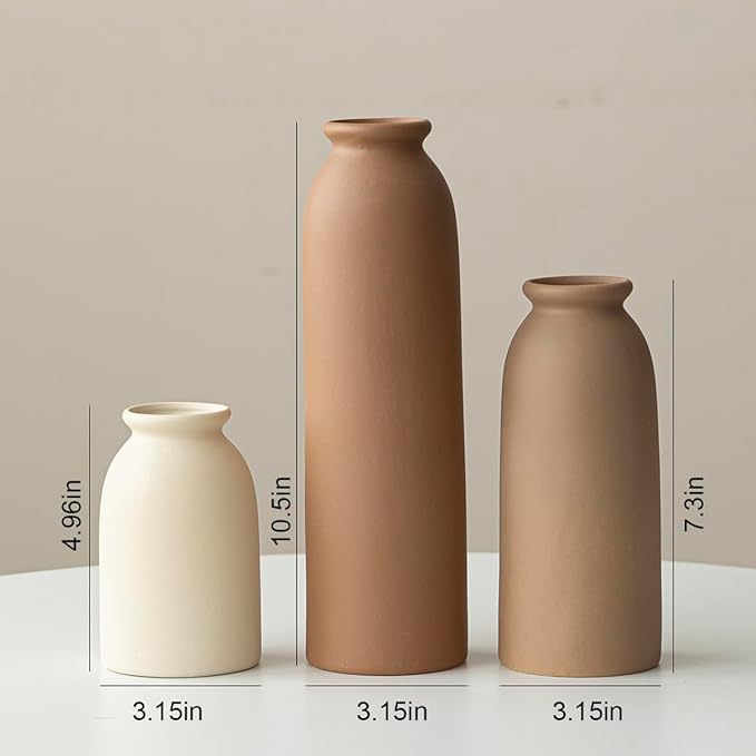 10.4 inches Tall Decorative Ceramic Vase Set, 3 Pieces, Nordic Modern Boho Style, White, Modern Farmhouse for Home Decor (Coffee Mix)