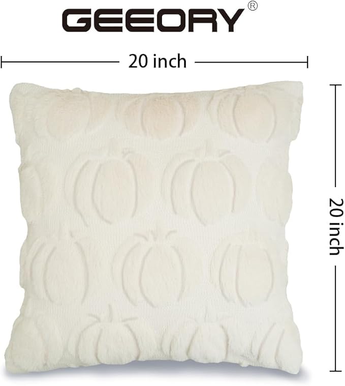 GEEORY Fall Pumpkins Soft Plush Pillow Covers, 20 x 20 Inch Set of 2, Fluffy Faux Fur Wool Decorative Farmhouse Cushion Case for Sofa Home Decoration Beige Pumpkin GC020-20