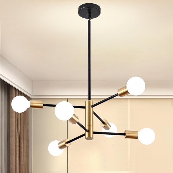 Modern Chandelier Sputnik Light Fixtures, Mid Century Chandelier Dining Room Lights, 6-Light Black and Gold Bedroom Ceiling Light Chandeliers for Living Room Kitchen