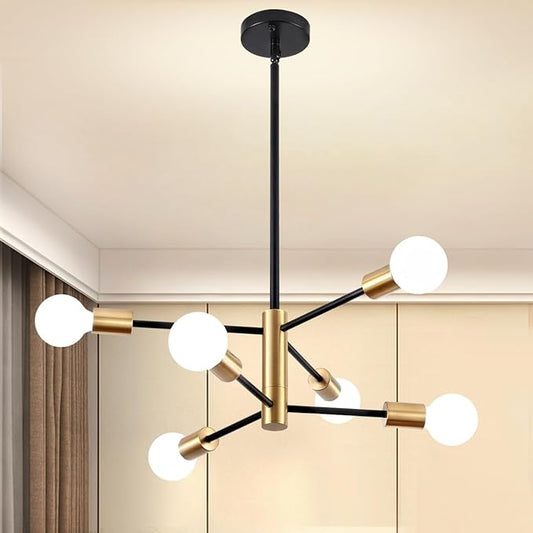 Modern Chandelier Sputnik Light Fixtures, Mid Century Chandelier Dining Room Lights, 6-Light Black and Gold Bedroom Ceiling Light Chandeliers for Living Room Kitchen