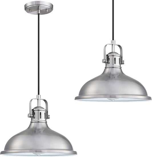 12 Inch LED 2 Pack 1 Light Pendant Light Industrial Vintage Fixtures Metal Chandelier Lights with Brushed Nickel Finish,Ceiling Lamp for Kitchen Home Island Dining Room Bedroom Farmhouse