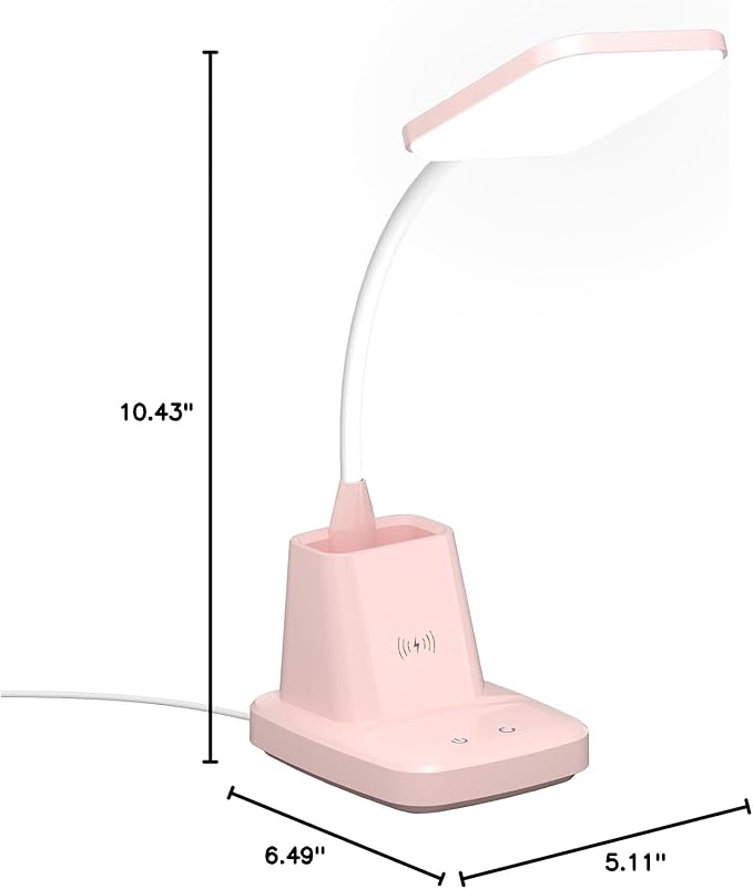Sailstar Pink Desk Lamp, Small Desk Lamp with Pen Holder, Wireless Charger LED Desk Lamps for Home Office, Kids Desk Lamps 800LM Gooseneck 3 Modes Dimmable Touch, Study Lamps for College Dorm Room