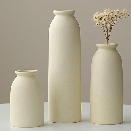 10.4 inches Tall Decorative Ceramic Vase Set, 3 Pieces, Nordic Modern Boho Style, White, for Home Decor (Beige)