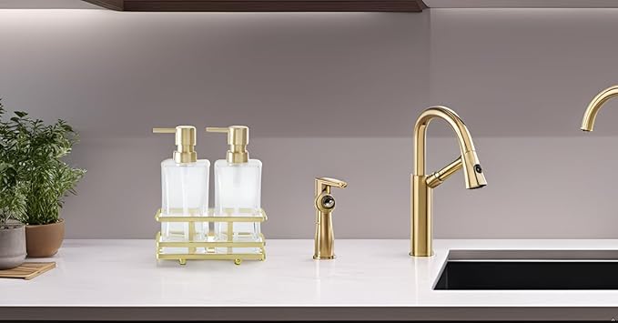 Square Glass Clear Lotion and Soap Pump Dispenser Set with Metal Stand Caddy for Bathroom Bath Kitchen Home Office Travel Hotel Hand Crafted Heavy Weight Brushed Gold