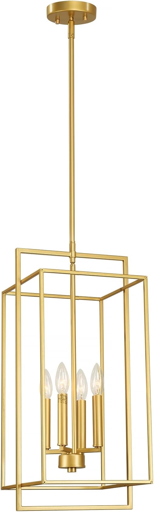Muted Gold Chandelier Lighting Fixture with Geometric Metal Cage, 4-Light Industrial Pendant for Kitchen Island, Living Dining Room, Home Office (Gold, 24" H - 4 Lights)