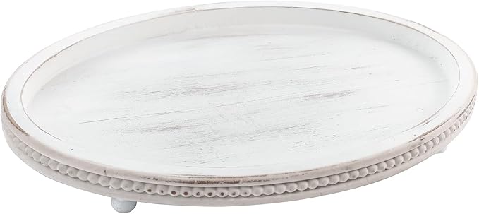 Wooden Tray,Oval Decorative Tray for Coffee Table Kitchen Dinning Table Entryway, Small Beaded Tray for Holidays, Farmhouse Centerpiece Decor Weathered White