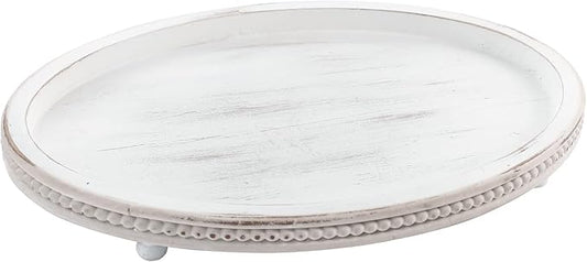 Wooden Tray,Oval Decorative Tray for Coffee Table Kitchen Dinning Table Entryway, Small Beaded Tray for Holidays, Farmhouse Centerpiece Decor Weathered White