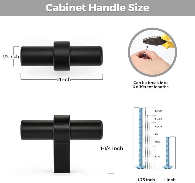 10 Pack Matte Black Cabinet Knobs - Kitchen Cabinet Knobs Black Pulls for Kitchen Closet Drawer Stainless Steel Dresser Pulls for Closet Hardware 2in Length Single Hole T Bar