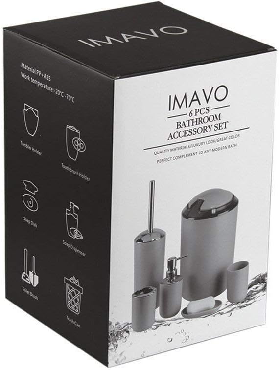 IMAVO Bathroom Accessories Set,Black Bathroom Set,7 Pieces Bathroom Accessory Set,Tray,Toilet Brush,Trash Can for Bathroom Décor and Housewarming Gifts