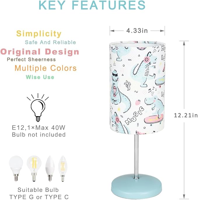 Lampwell Alee Small Table Lamp for Living Room as Bedside Table Lamp for Bedroom,Set of 2,Modern Kids Night Table Lamp,Φ4.33×H12.21IN,Bulb Excluded,Light Blue Dinosaur