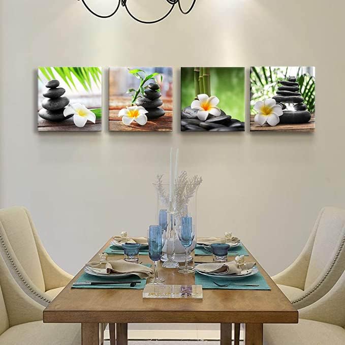 Yxbhhym-Zen Pictures Meditation Canvas Wall Art Spa Stone Green Room Decor White Frangipani Flower Poster Painting Zen Artwork for Bathroom Wall Dรฉcor Living Room Kitchen Decorations Framed Art