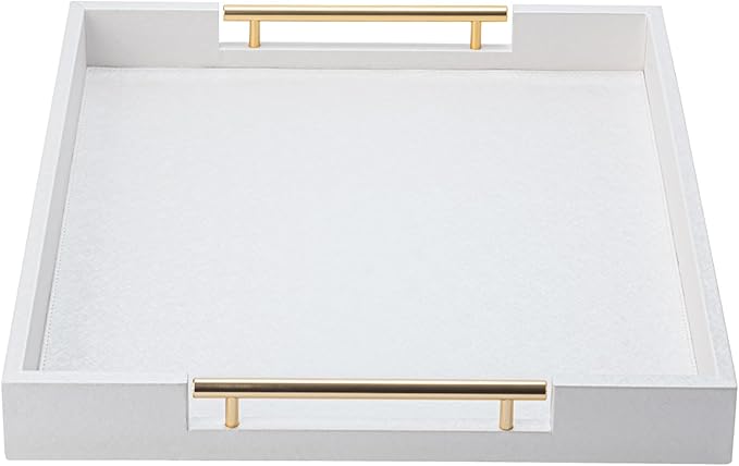 White Leather Large Ottoman Tray for Living Room,Stylish Square Decorative Tray for Coffee Table,Versatile Serving Trays with Handles for Party