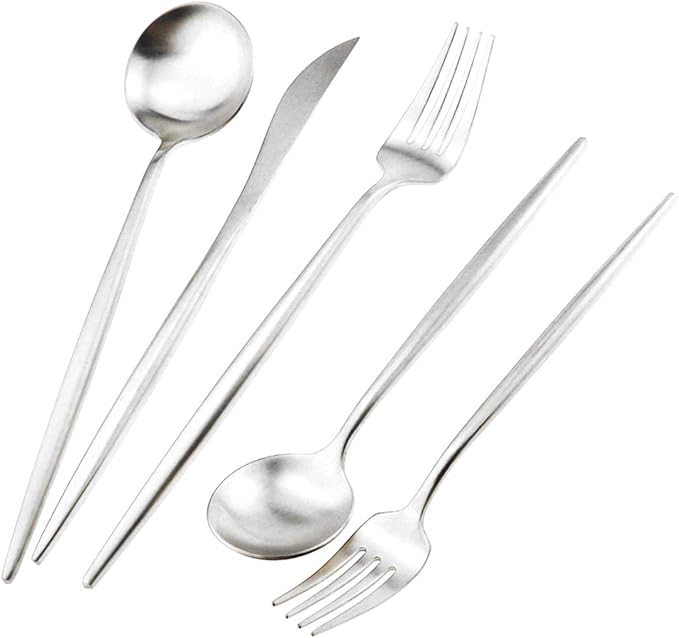 Gugrida Silver Flatware, Royal 20 Piece Luxury Matte Finish 18/10 Stainless Steel Tableware Sets for 4 Including Forks Spoons Knives, Camping Silverware Travel Utensils Set Cutlery (Silver)