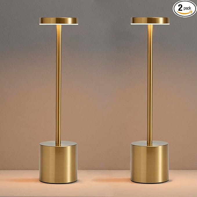 2 Pack LED Cordless Table Lamp, Portable 5000mAh Rechargeable Bedside Lamp, Touch Control Outdoor Table Lamps, 3 Color Dimmable Battery Operated Lamps for Restaurant/ Patio/ Bedroom/ Outdoor - Gold