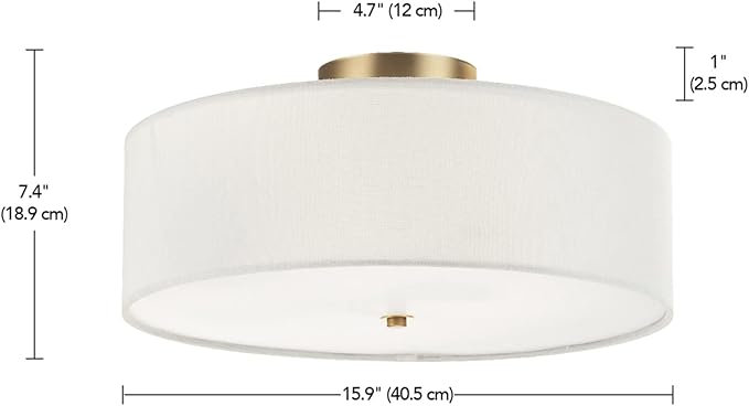 GLOBE Electric 60998 2-Light Flush Mount Ceiling Light, Matte Brass, White Linen Shade, E26 Base, Minimalist Lighting for Kitchen Island, Bathroom, Bedroom, or Dining Room, Home Decor