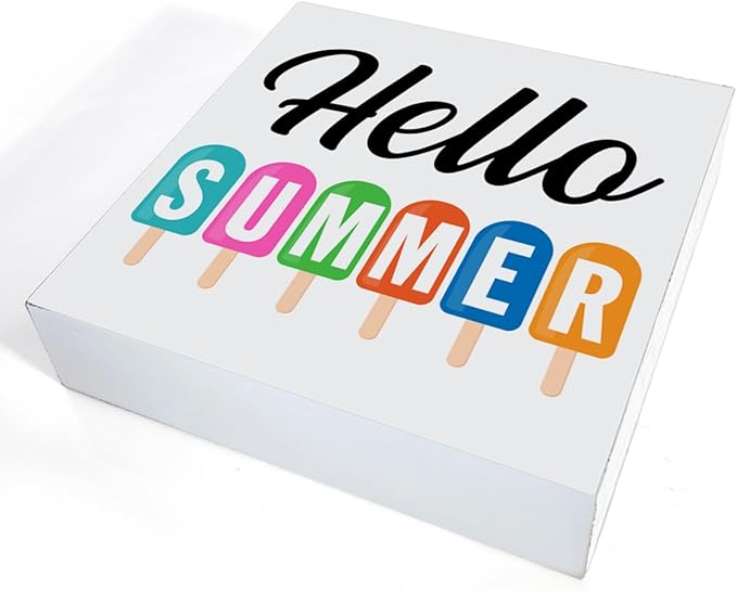 Summer Sign Decor Hello Summer Wood Block Sign Home Kitchen Desk Table Shelf Decoration