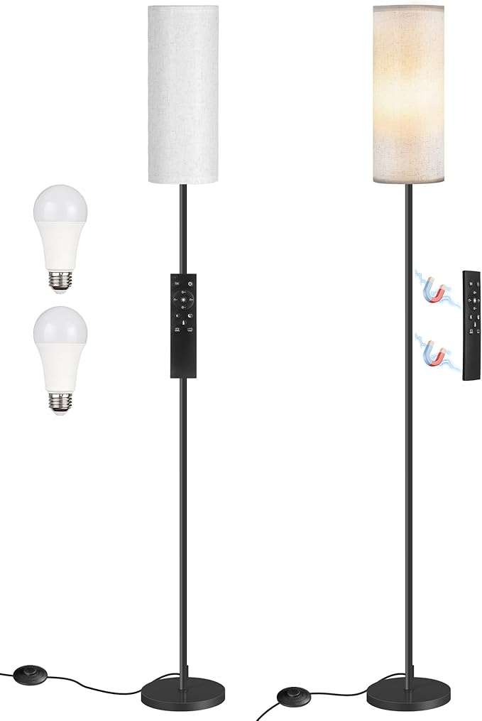 2 Pack Dimmable Floor Lamps for Living Room with 2 Remotes and Foot Switch, Corner Floor Lamp, Standing Tall Lamp, 10W 900LM LED Bulb Included, 3000K-6500K, Linen Shade, FCC Listed W06LDP205W1