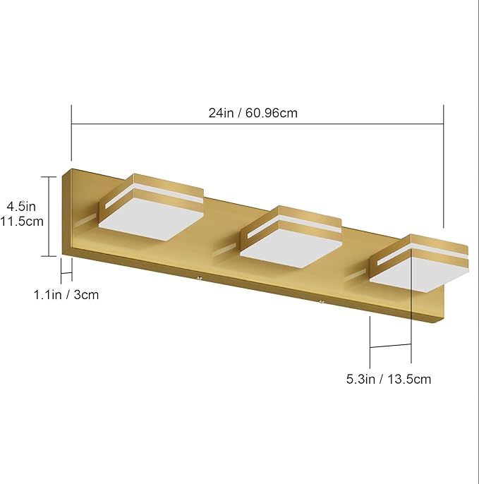 SineRise LED Modern Bathroom Vanity Light Fixtures (3-Light, 24-Inch, Dimmable), Brass Modern Acrylic Bathroom Wall Lighting Fixtures Over Mirror (Cool White 6000K)