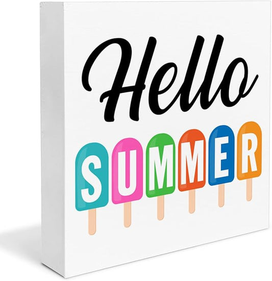 Summer Sign Decor Hello Summer Wood Block Sign Home Kitchen Desk Table Shelf Decoration