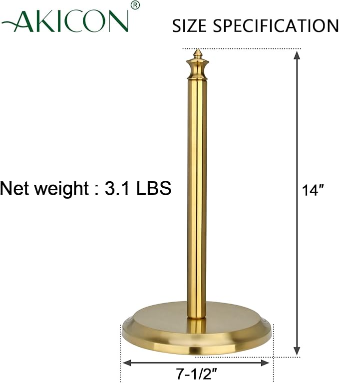 Akicon Paper Towel Holder Stand for Kitchen Countertop & Dining Room Table (Brushed Gold Brass, Classical)