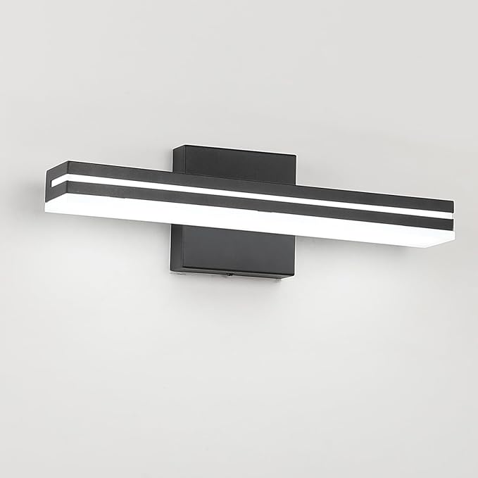 SineRise 16-Inch LED Modern Bathroom Vanity Light Bar, Matte Black Modern Acrylic Bathroom Wall Lighting Fixtures Over Mirror (Cool White 6000K)