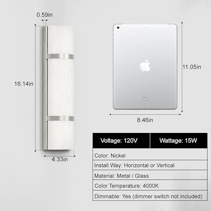 LED Bathroom 16 Inch Vanity Lighting Fixtures | CRI 90 4000K Brushed Nickel Wall Sconce Set of Two with White Frosted Glass Shade | 120V 15W 1200LM Dimmable with Dimmer Switch(not Included)