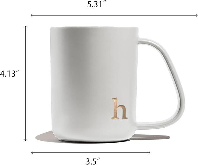 COLLECTIVE HOME - Ergonomic Handle Ceramic Mug, 15 oz Personalized Coffee Cup with Golden Initial, Microwave & Dishwasher Safe, Elegant Monogram Tea Mug in Gift Box for Home & Office (White-h)