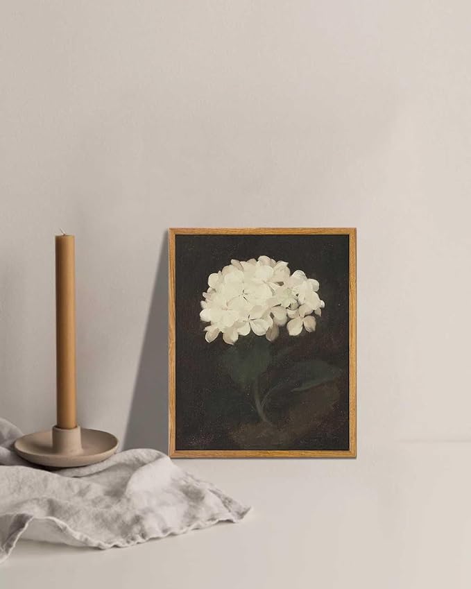 KBKBART Framed Wall Art Vintage Wall Art Room Decor, White Hydrangea Still Life Flower Canvas Oil Painting Prints, Classical Floral Wall Decor, Bedroom Bathroom Pictures Artwork(8“x10