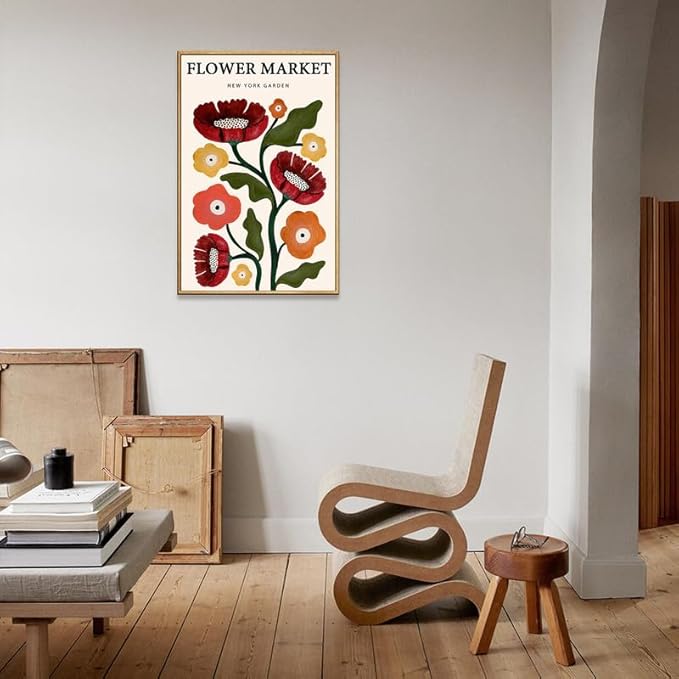 Gufro Framed Vintage Flower Market Canvas Wall Art - Botanical Prints for Living Room Bedroom Decoration - 12''x16'' Natural Framed