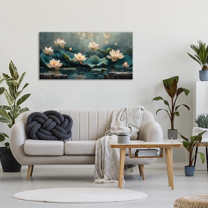 ZESTFLICKR Wall art of lotus pond, canvas decoration, used for religious yoga rooms and cicada-themed spaces, home and living room decoration, gifts, hand-painted works, masterpieces. (23x46inch)