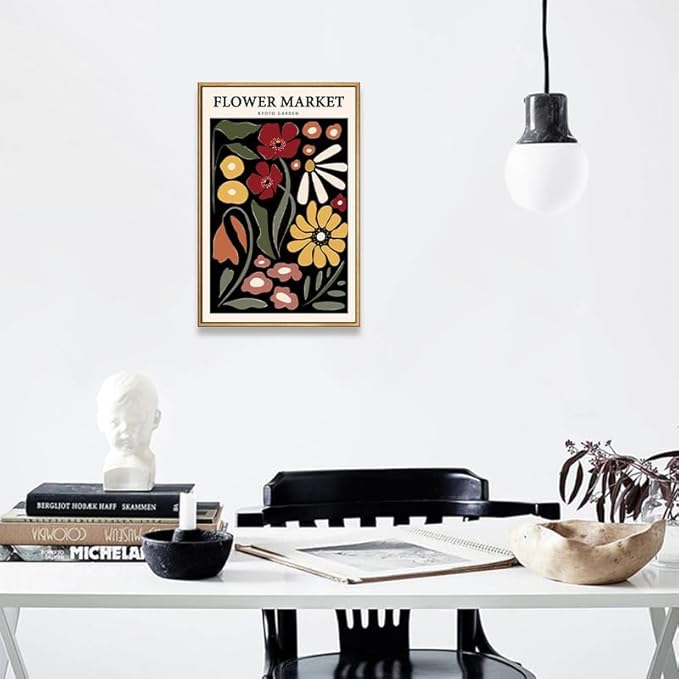 Gufro Framed Red & Yellow Flower Market Canvas Wall Art,Flower Wall Art, Flower Poster Vintage for Living Room Bedroom office Decoration-12''x16''Natural Framed